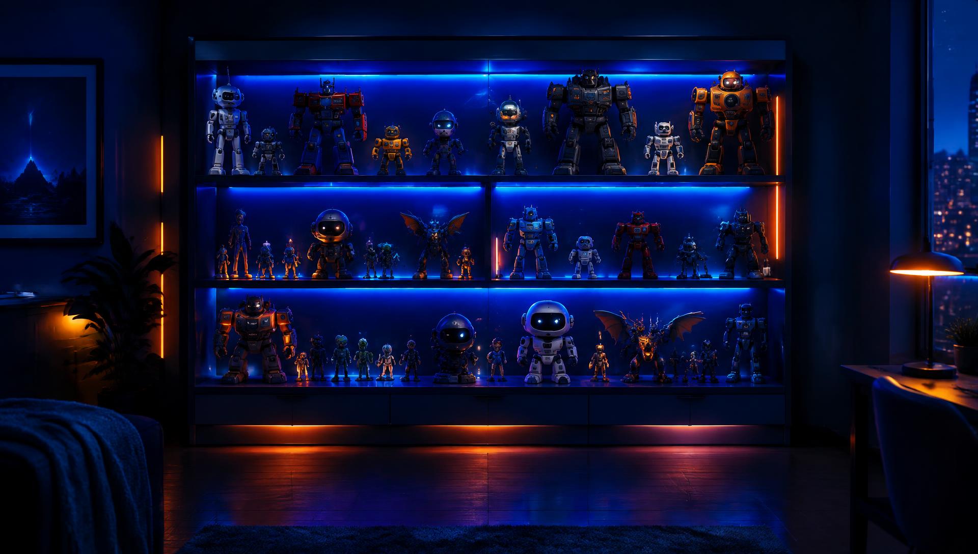 Illuminated display shelf filled with collectible robot and action figures